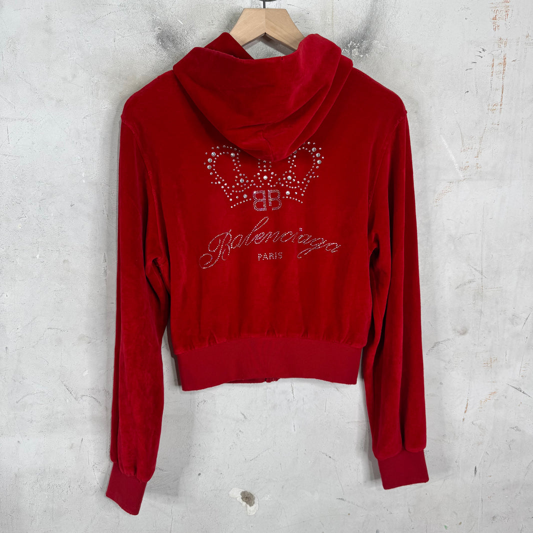 Balenciaga Rhinestoned Distressed Velvet Zip Up Hoodie