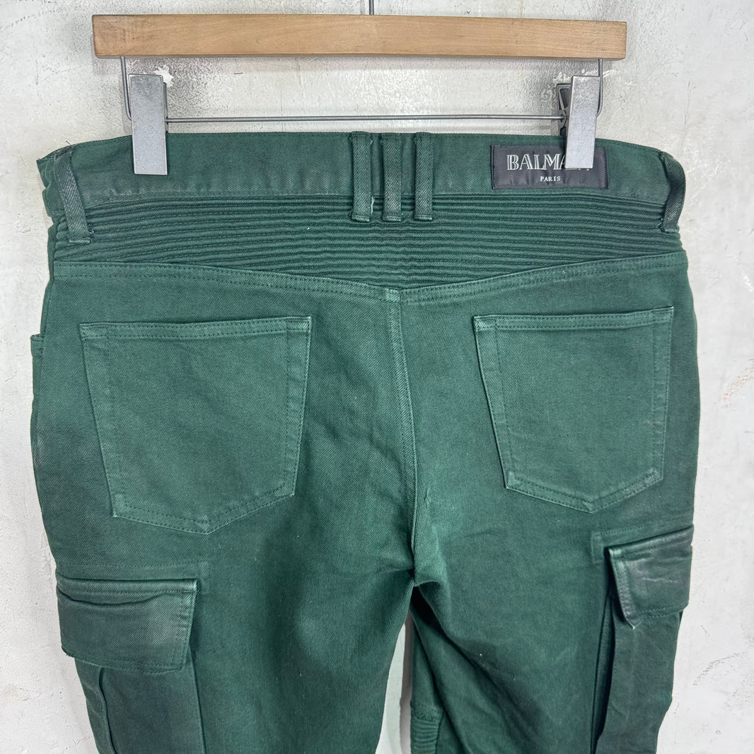 Balmain Green Waxed Double Zip Biker Jeans