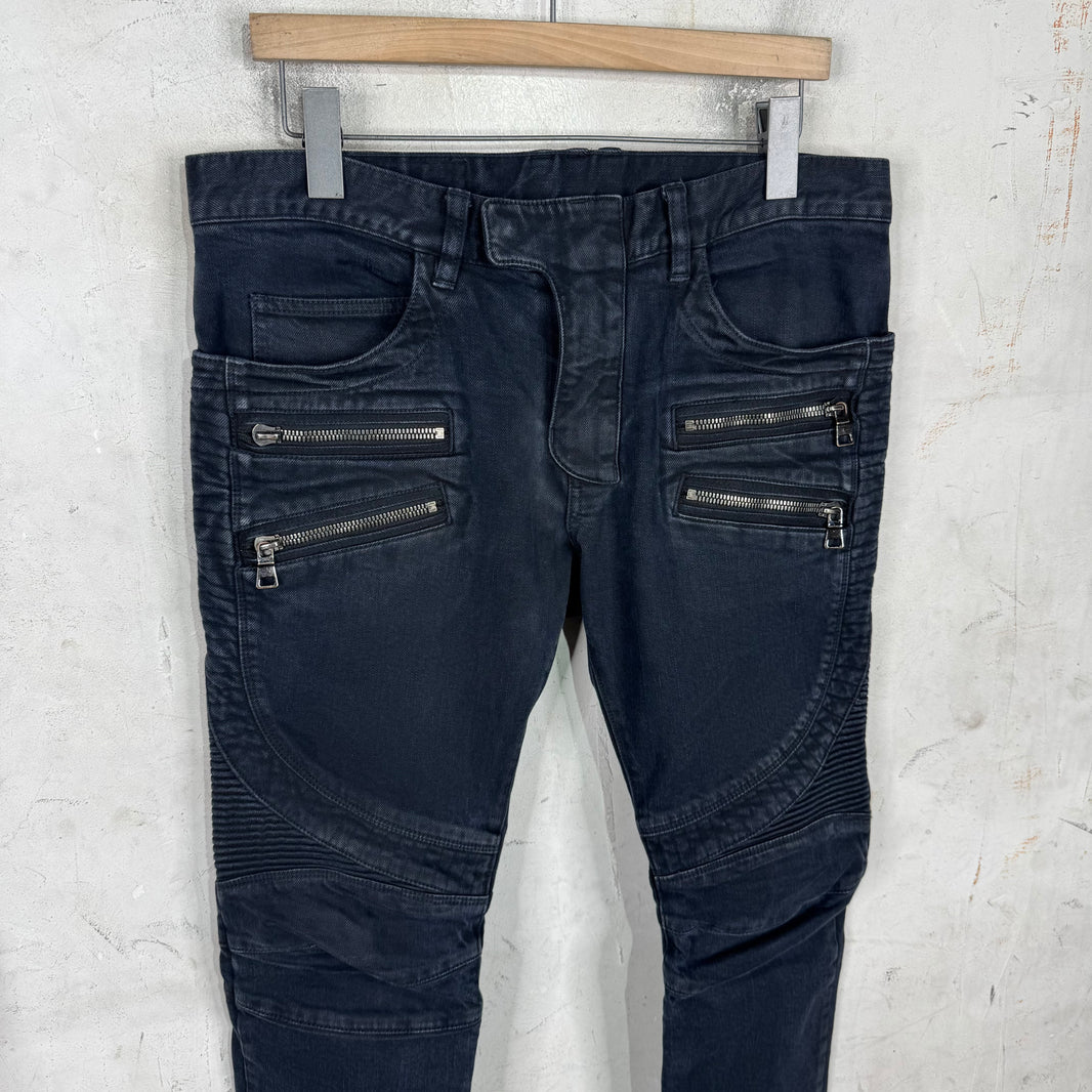 Balmain Washed Black Double Zip Biker Jeans
