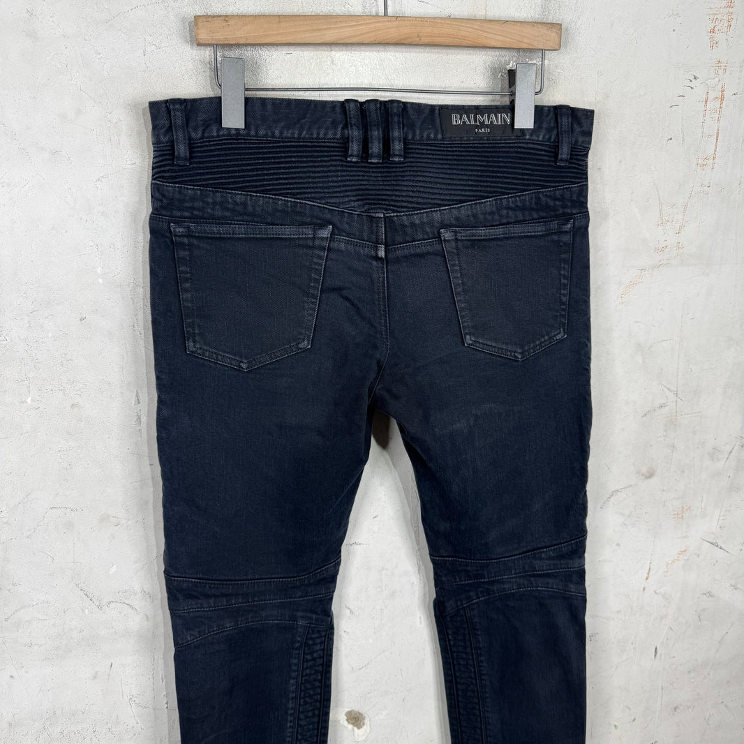 Balmain Washed Black Double Zip Biker Jeans