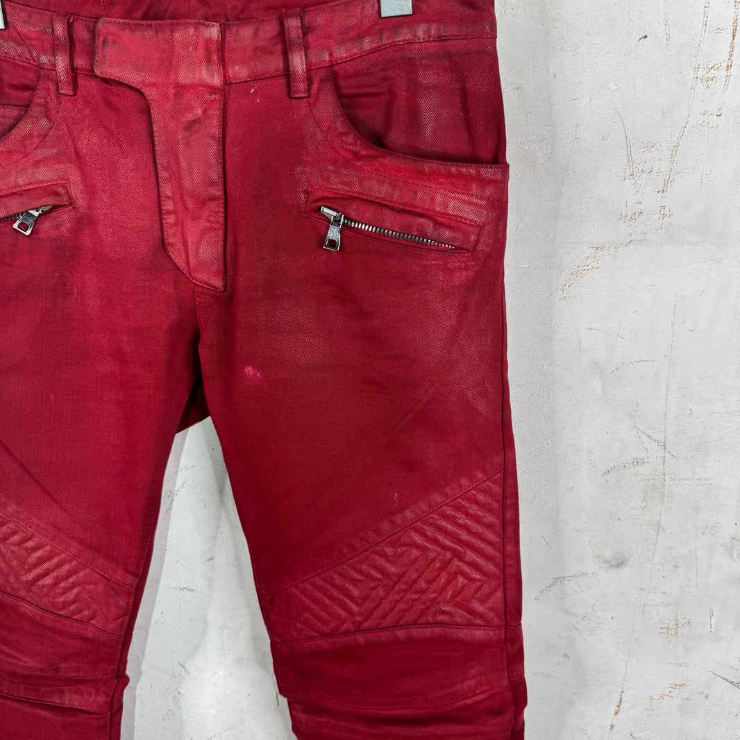 Balmain Red Waxed Biker Jeans