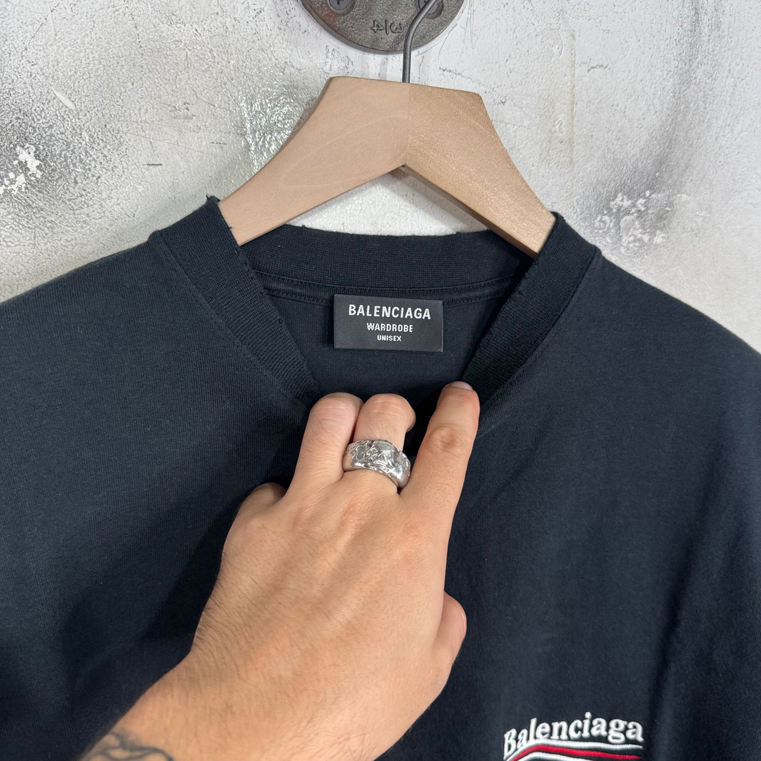 Balenciaga Distressed Black Embroidered Campaign T-Shirt