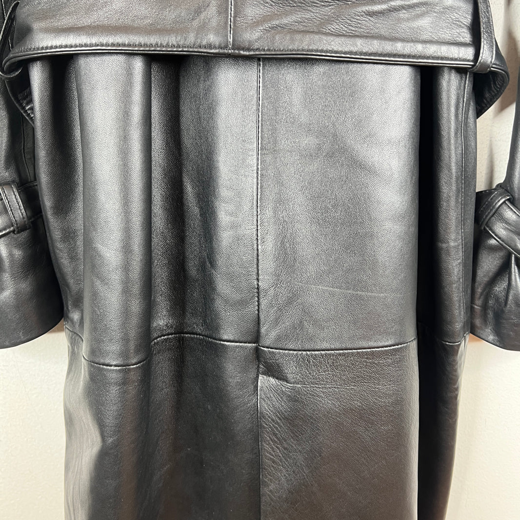 Ernest W. Baker Double Breasted Black Leather Trench Coat