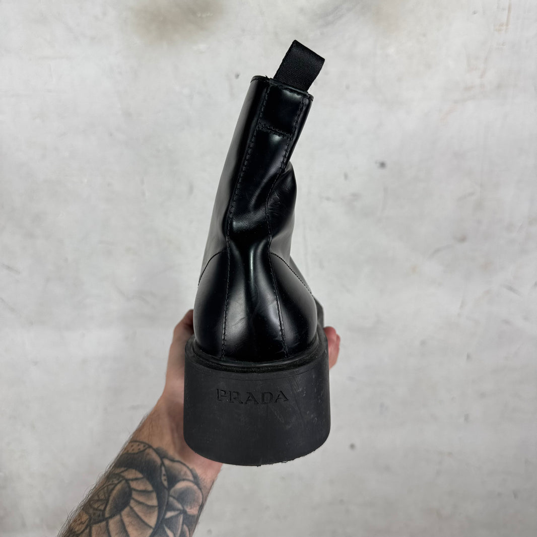 Prada Leather Plaque Lug Boots