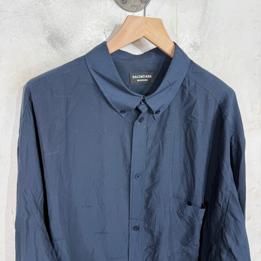 Balenciaga Navy All Over Logo Button-Up Shirt
