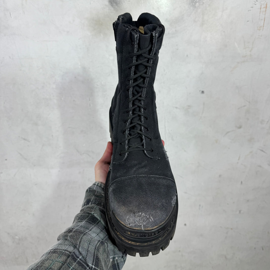 Balenciaga Black Distressed Canvas Strike Boots