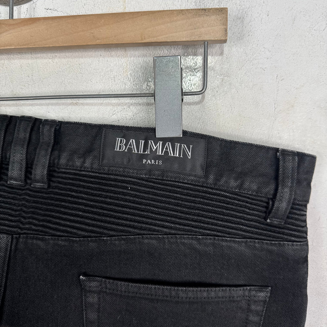 Balmain Waxed Black Biker Jeans