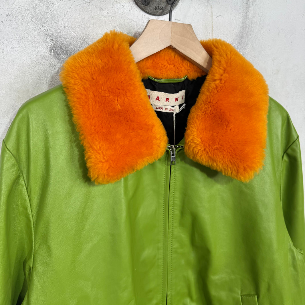 Marni Green Leather Fur Collared Jacket
