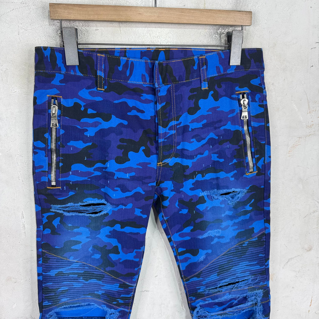 Balmain Blue Camo Biker Jeans New