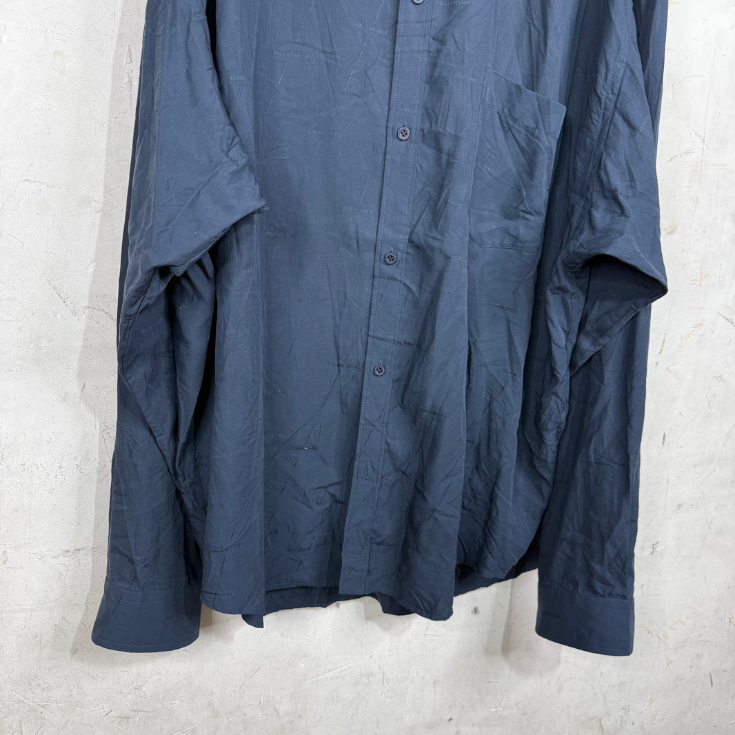 Balenciaga Navy All Over Logo Button-Up Shirt