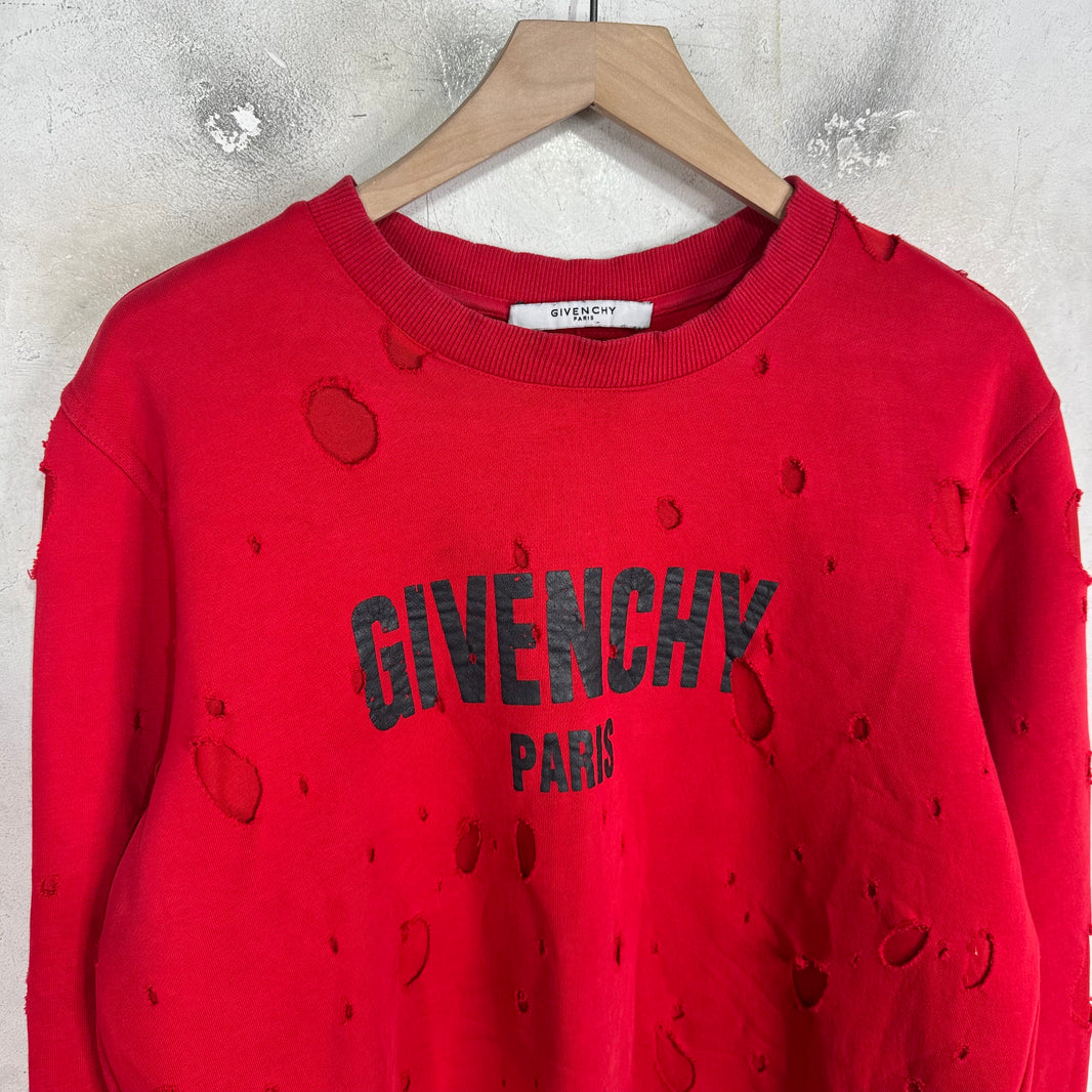 Givenchy Red Distressed Logo Crewneck