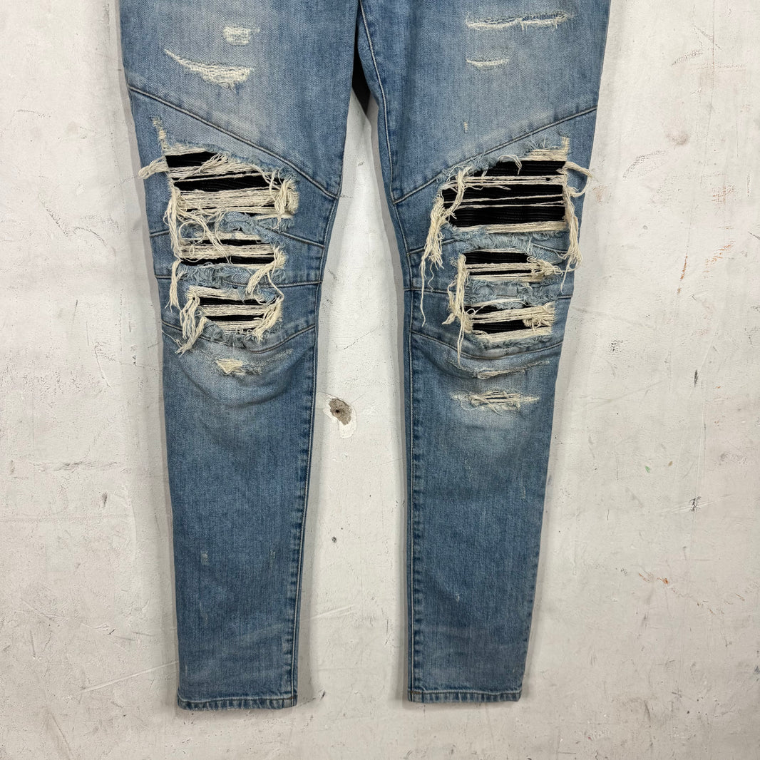 Balmain Lightwash Leather Patched Biker Jeans