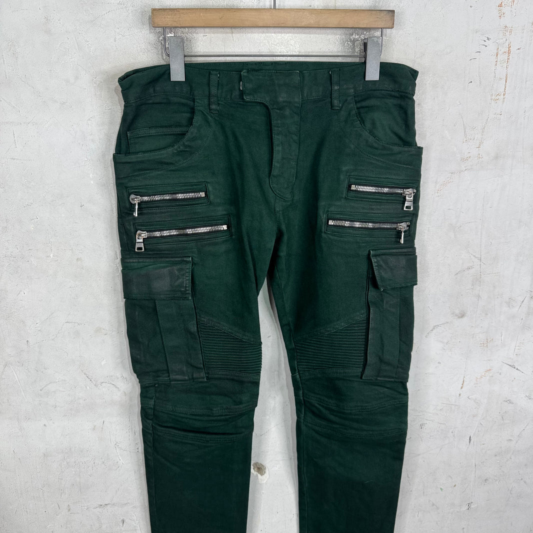 Balmain Green Waxed Double Zip Biker Jeans