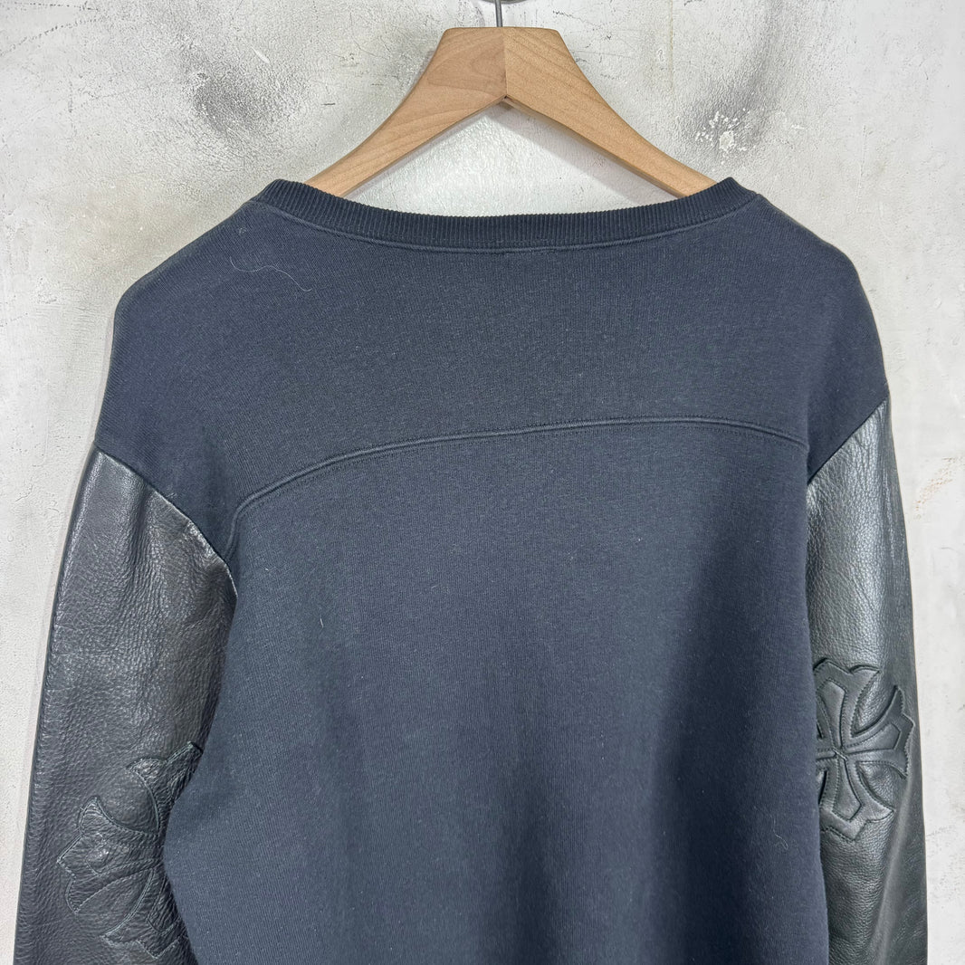 Chrome Hearts Triple Cross Leather Sleeved Crewneck