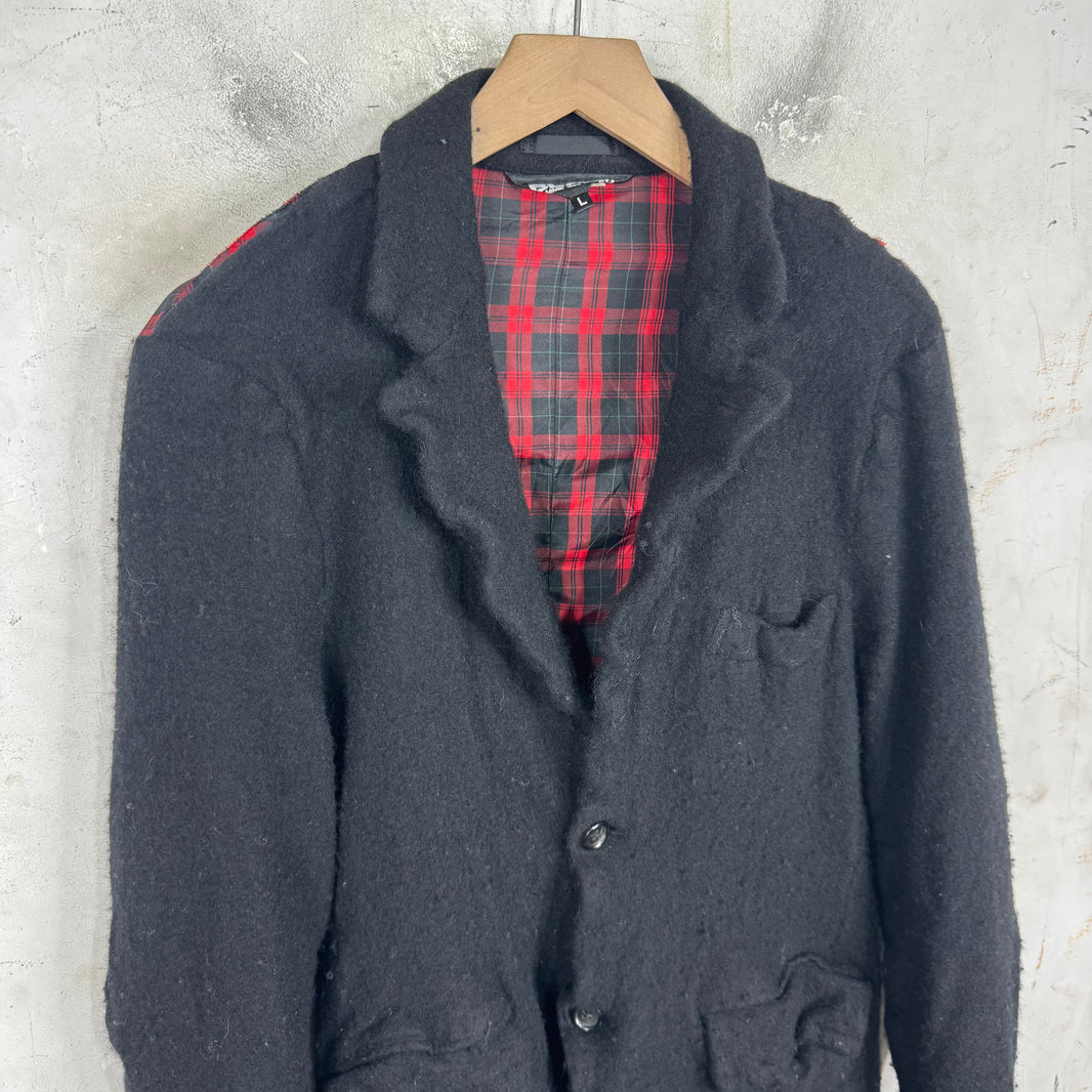 CDG Black Boiled Wool Sheer Tartan Jacket