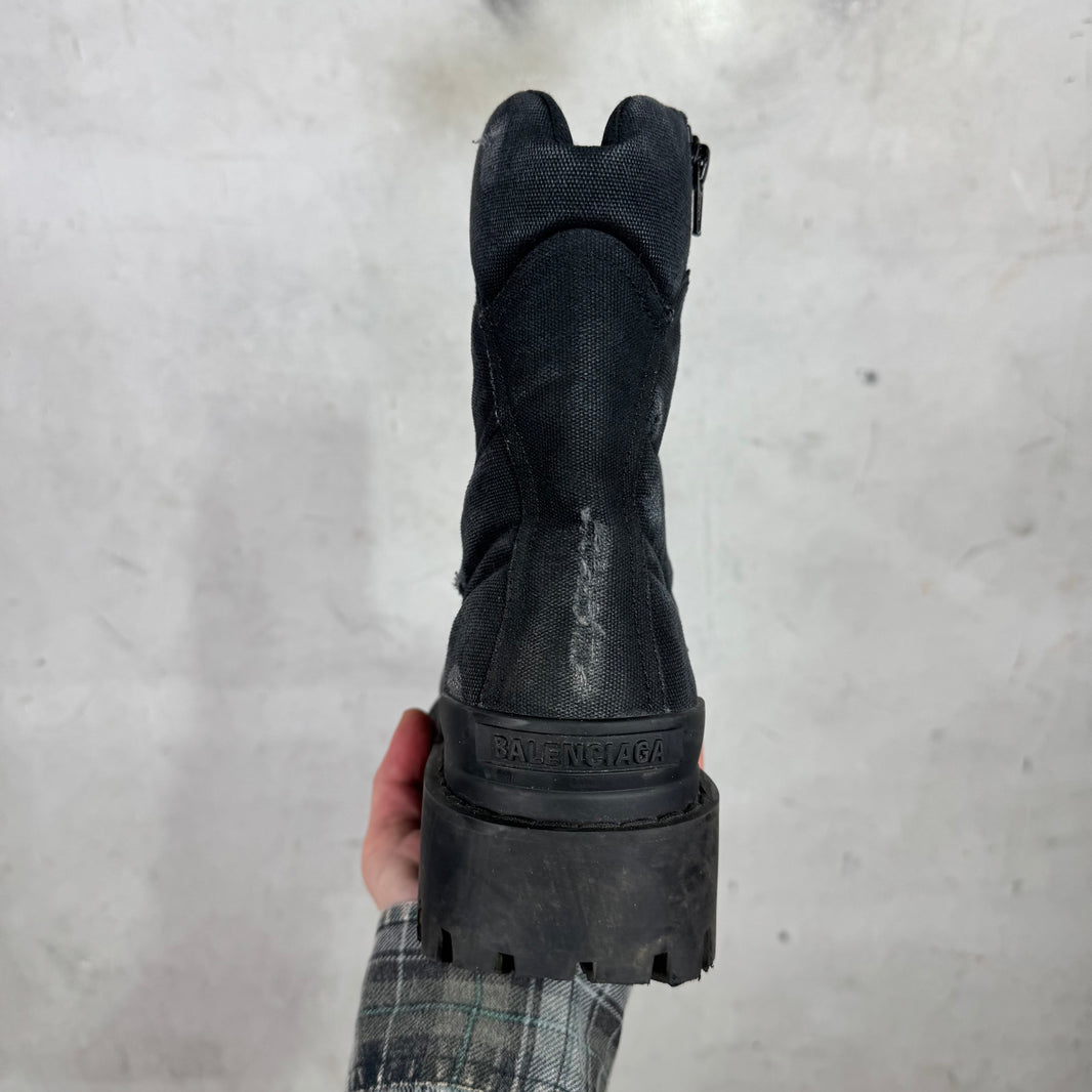 Balenciaga Black Distressed Canvas Strike Boots