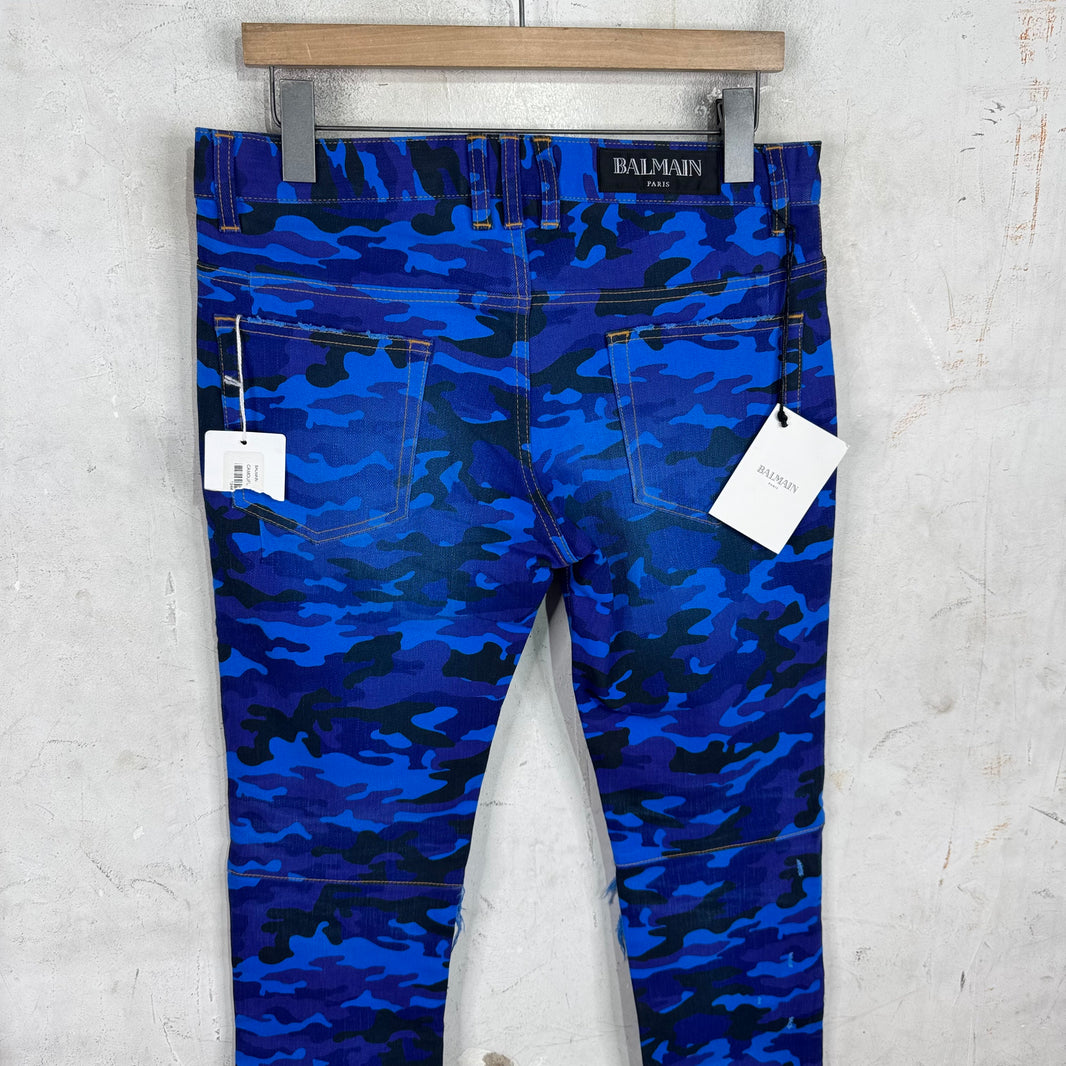 Balmain Blue Camo Biker Jeans New