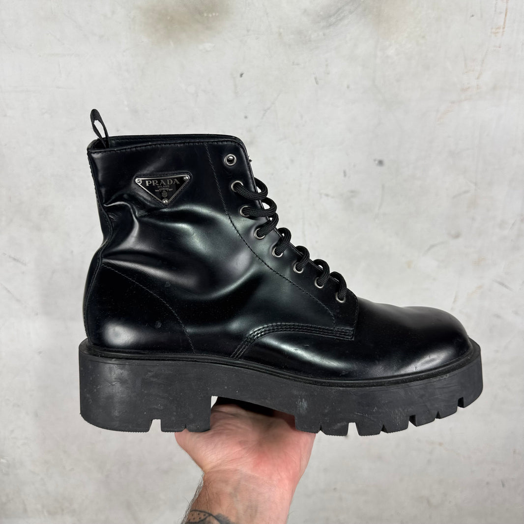 Prada Leather Plaque Lug Boots
