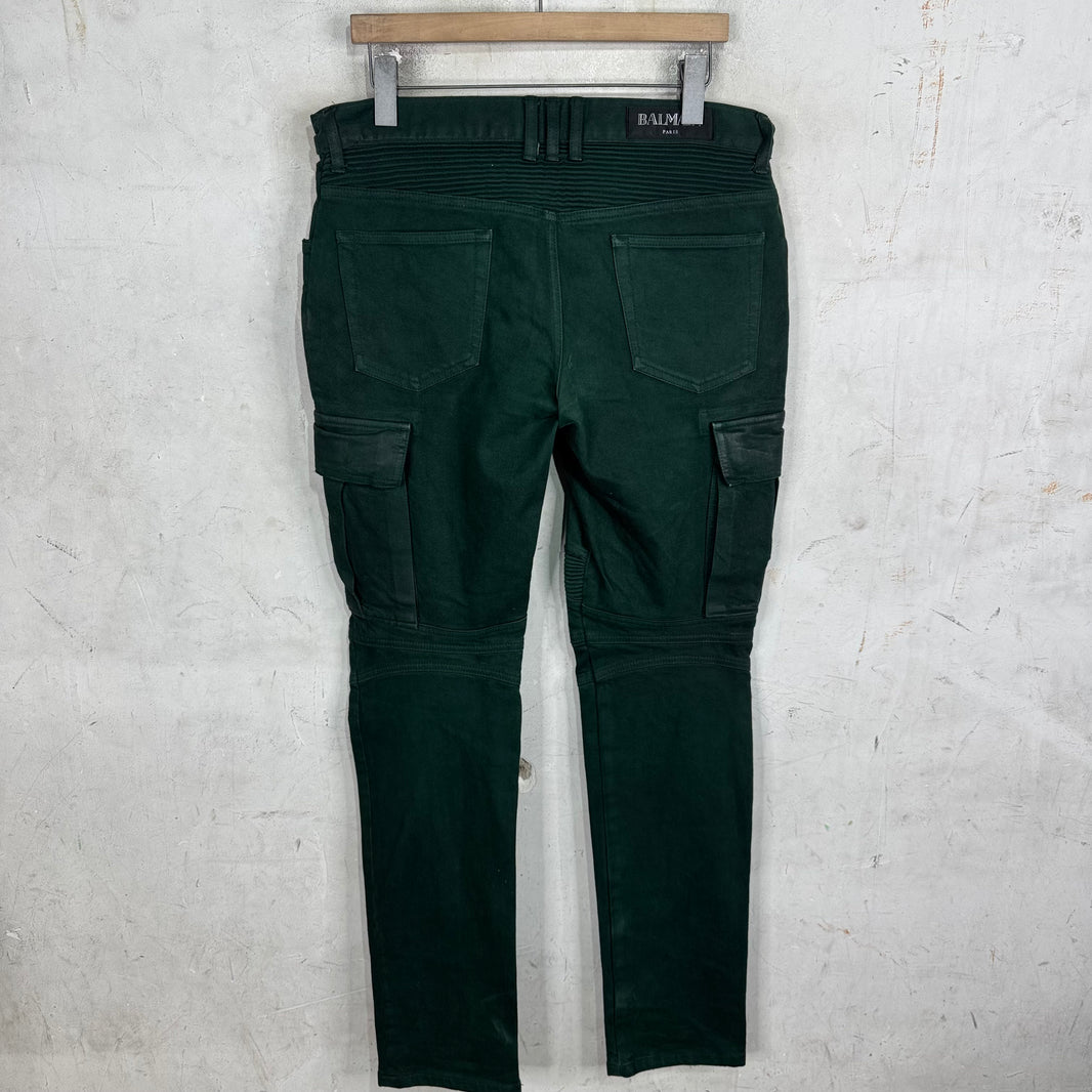 Balmain Green Waxed Double Zip Biker Jeans