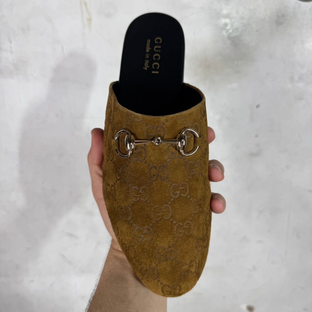 Gucci Suede Monogram Cachemire Horsebit Mules