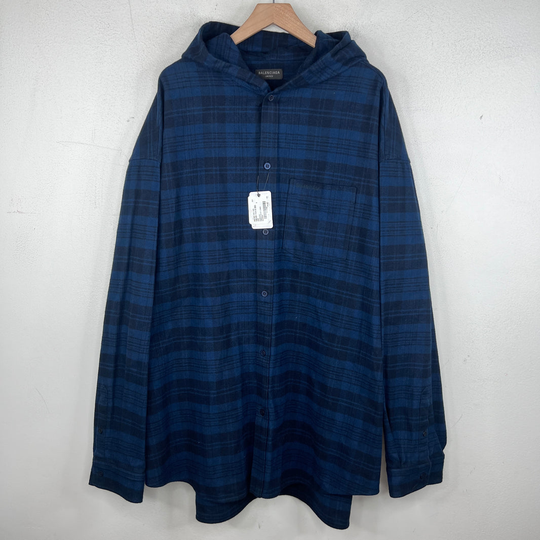 Balenciaga Navy Hooded Plaid Flannel Jacket