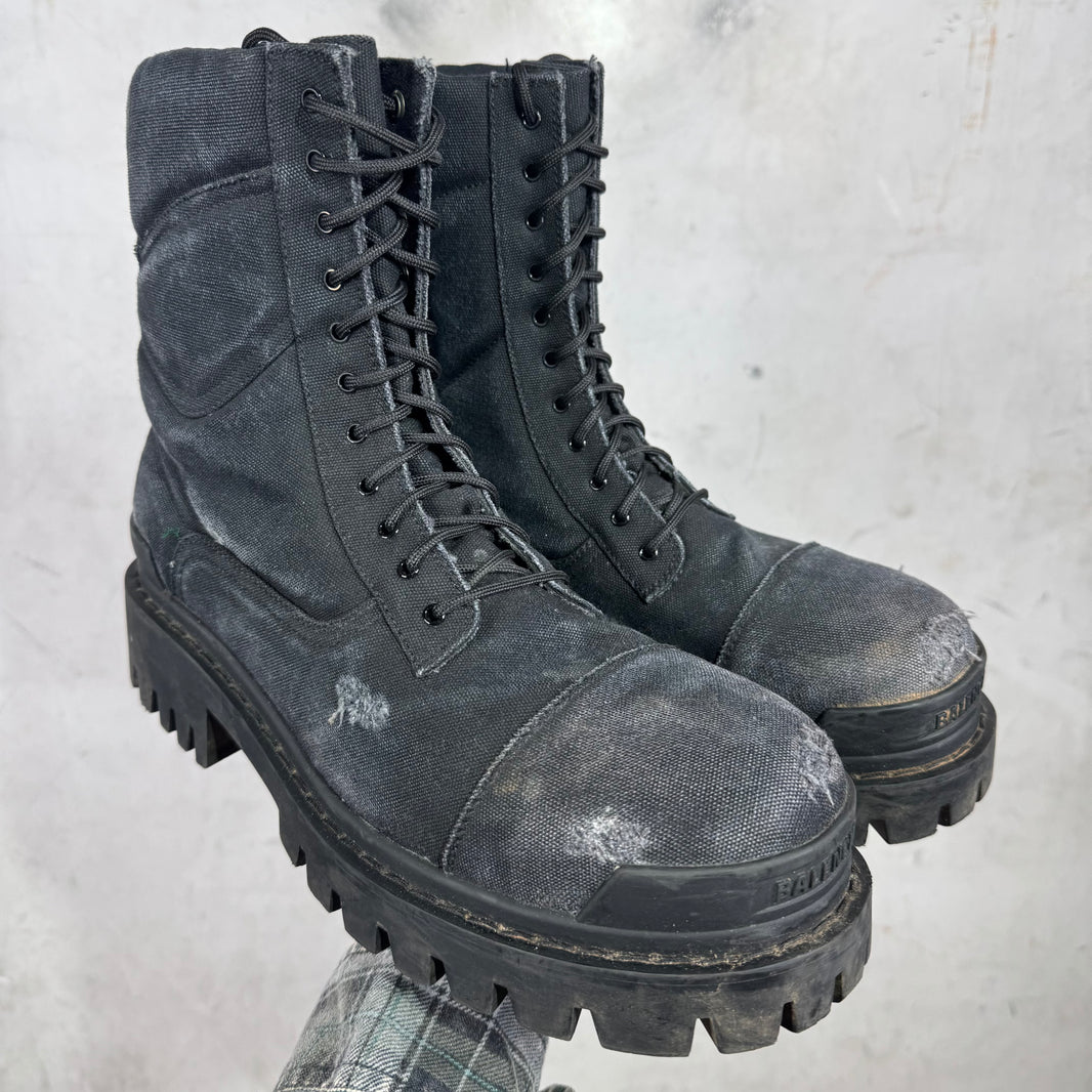 Balenciaga Black Distressed Canvas Strike Boots