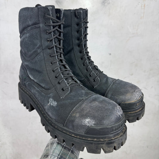 Balenciaga Black Distressed Canvas Strike Boots