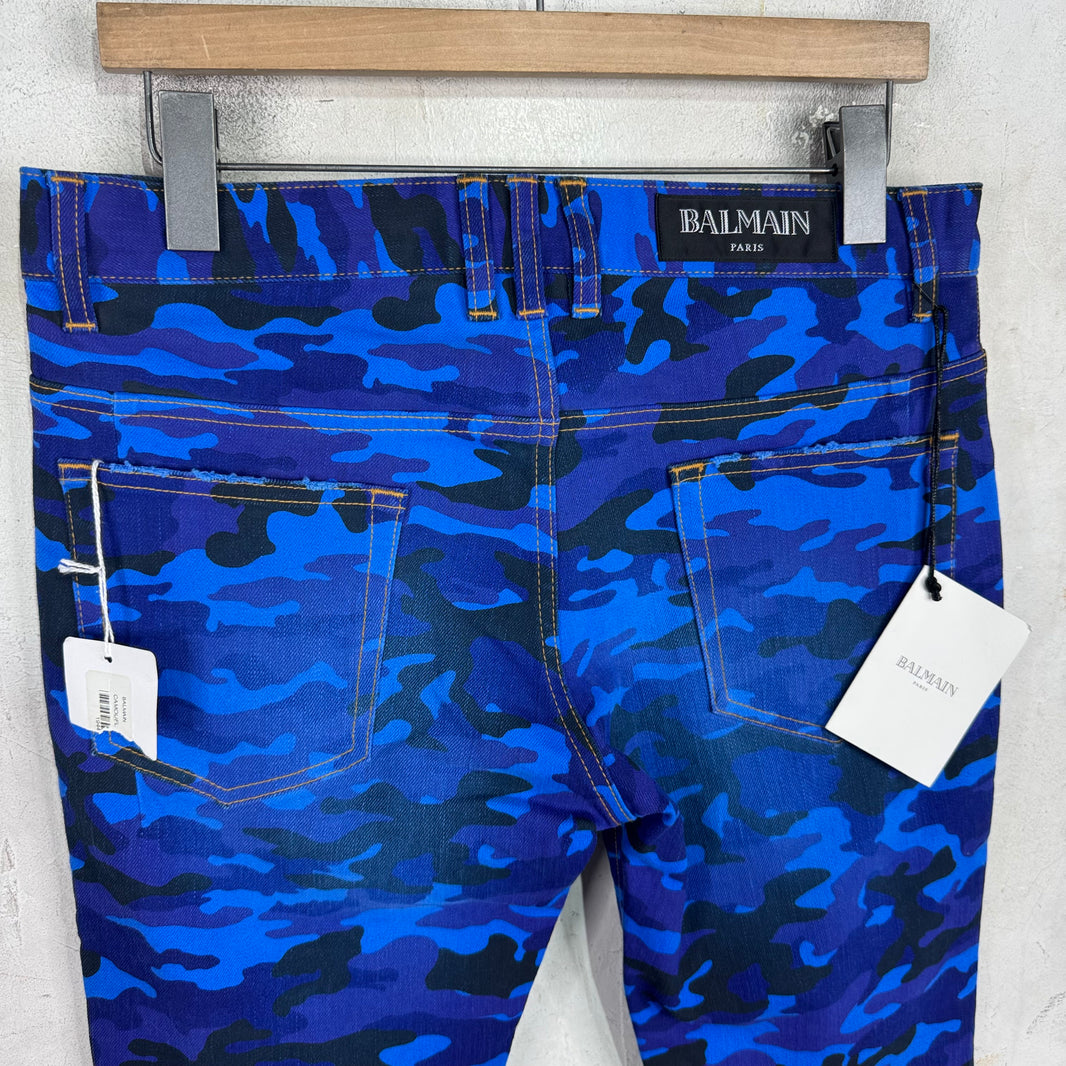 Balmain Blue Camo Biker Jeans New