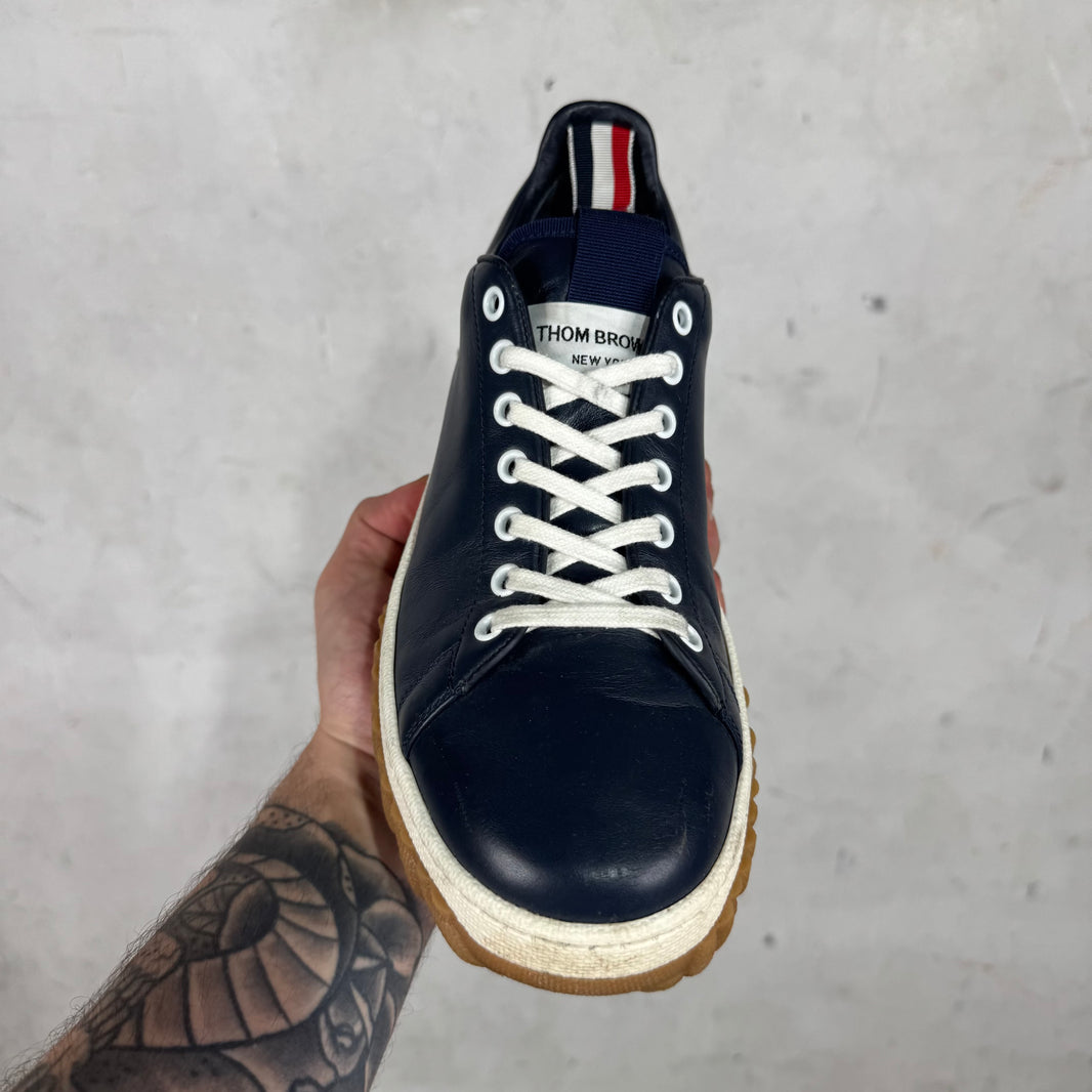 Thom Browne Navy Leather Vitello Sneakers