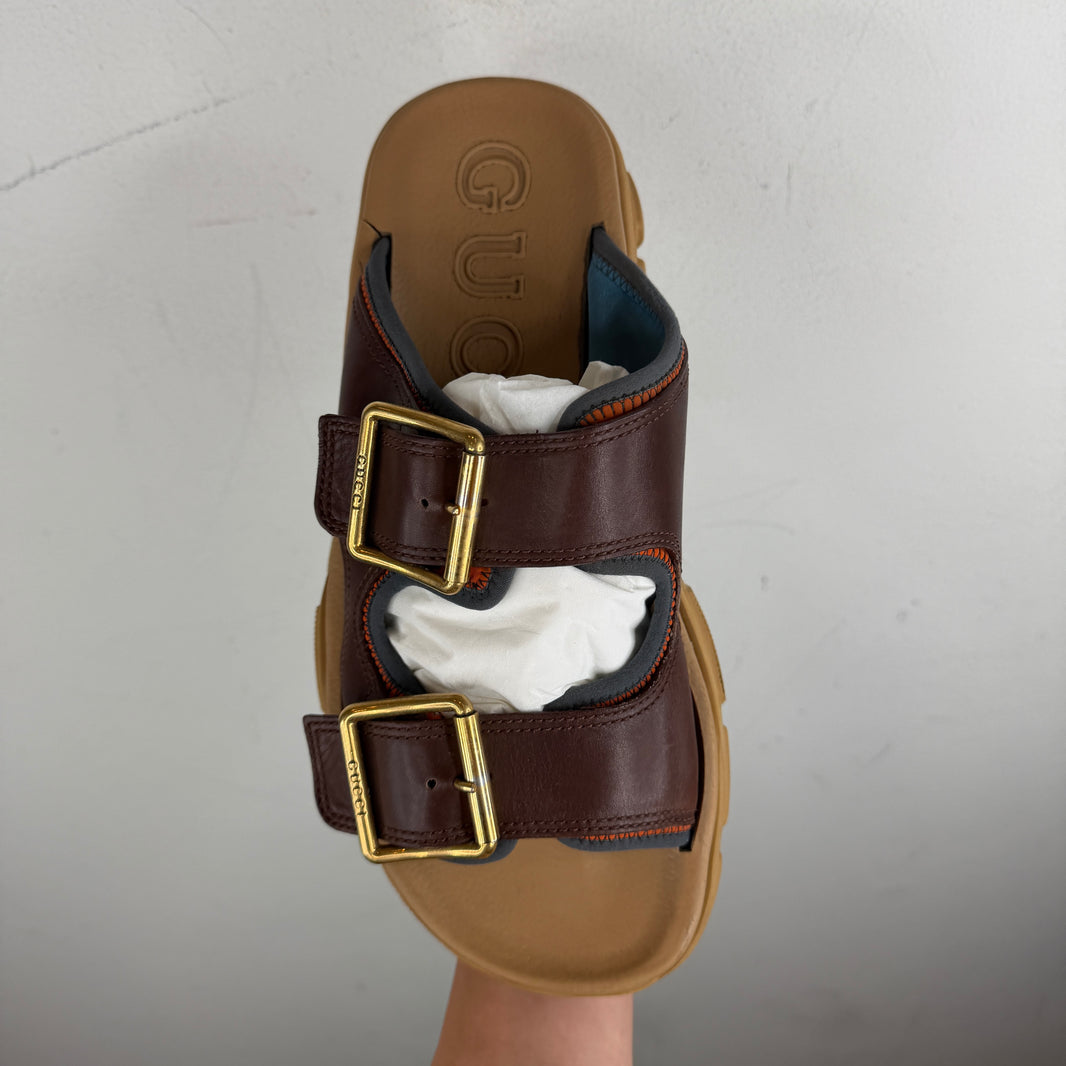 Gucci Beige/Burgundy Leather Strap Sandals