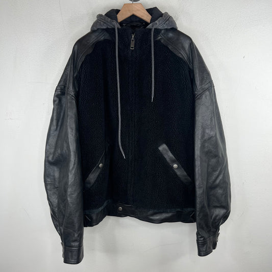 Balenciaga Leather/Sherpa Hooded Zip Up Jacket