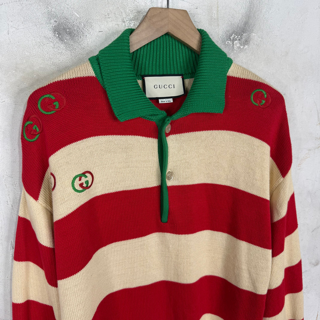 Gucci Striped Logo Knit Polo Sweater