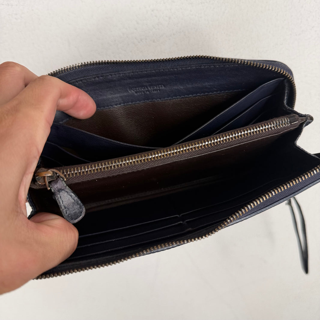 Bottega Veneta Navy Pebbled Leather Long Wallet