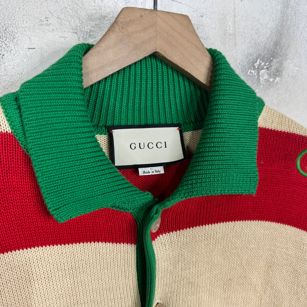 Gucci Striped Logo Knit Polo Sweater