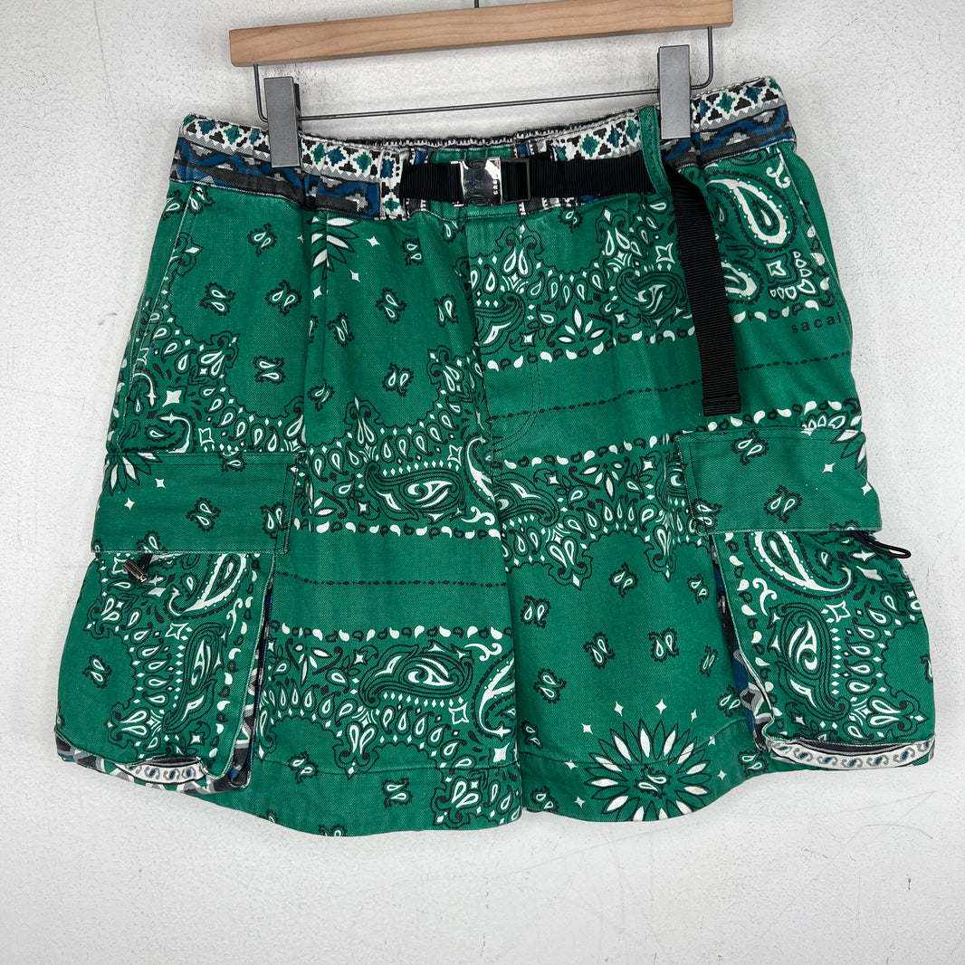 Sacai Green Paisley Belted Cargo Shorts