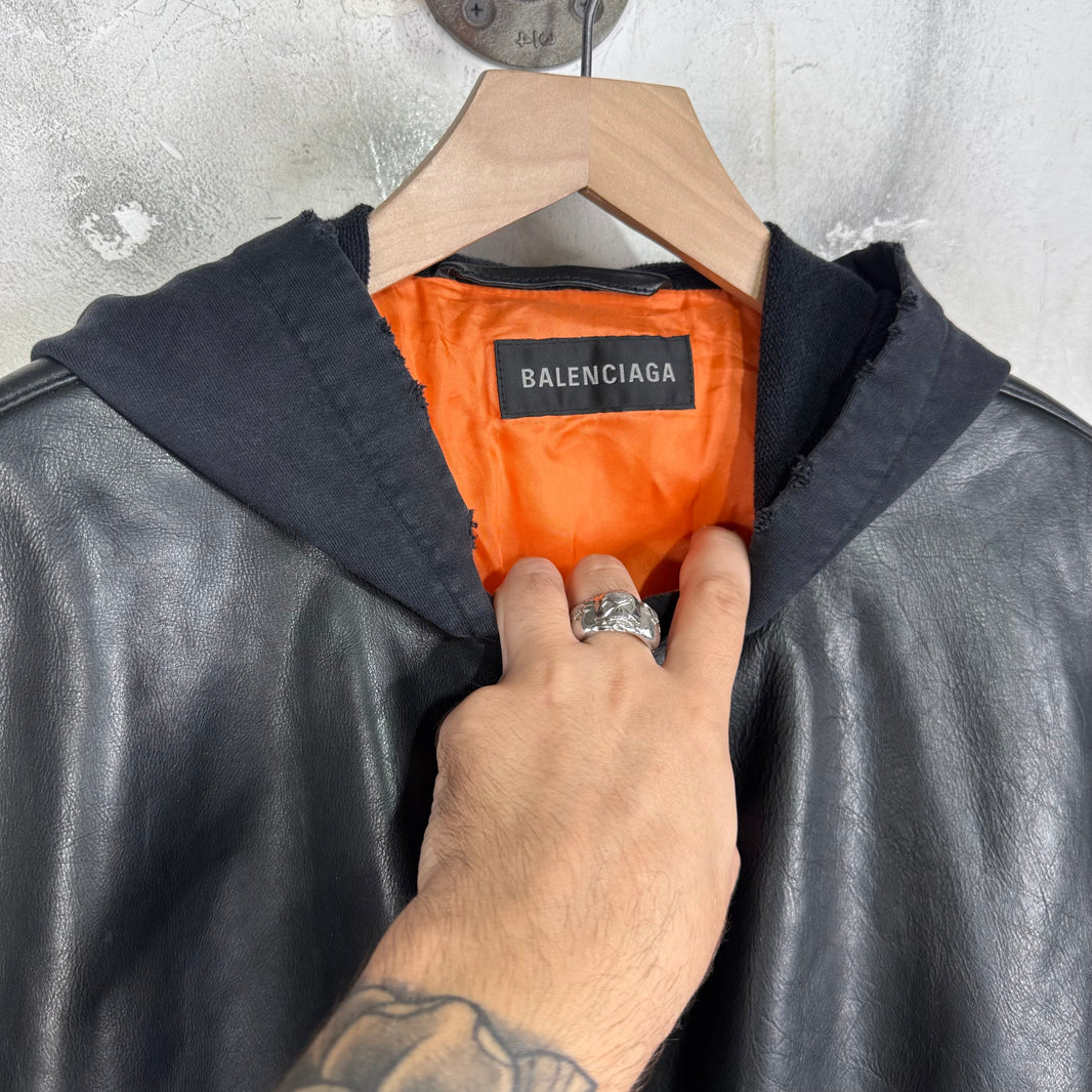Balenciaga Bullskin Leather Hooded Bomber Jacket