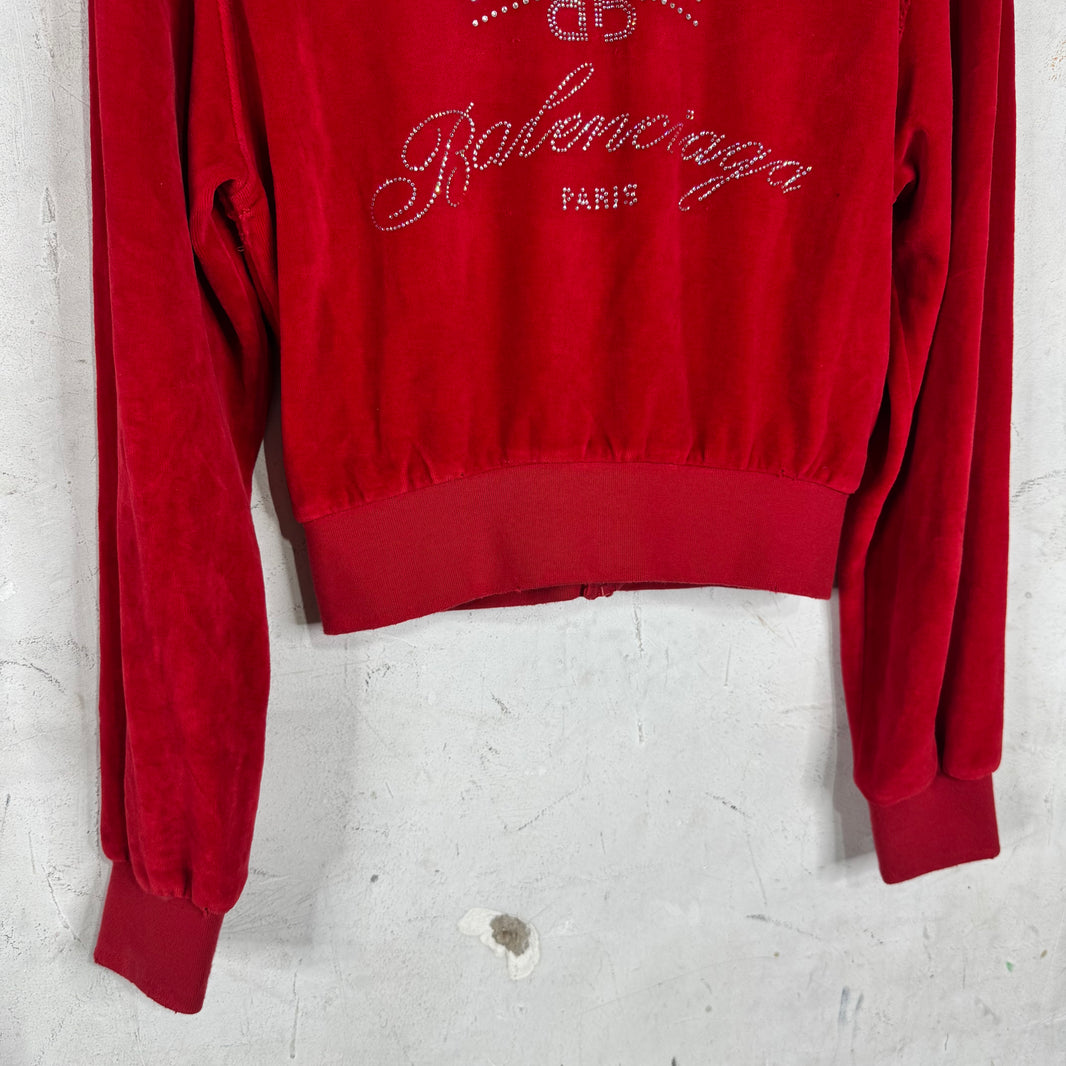 Balenciaga Rhinestoned Distressed Velvet Zip Up Hoodie