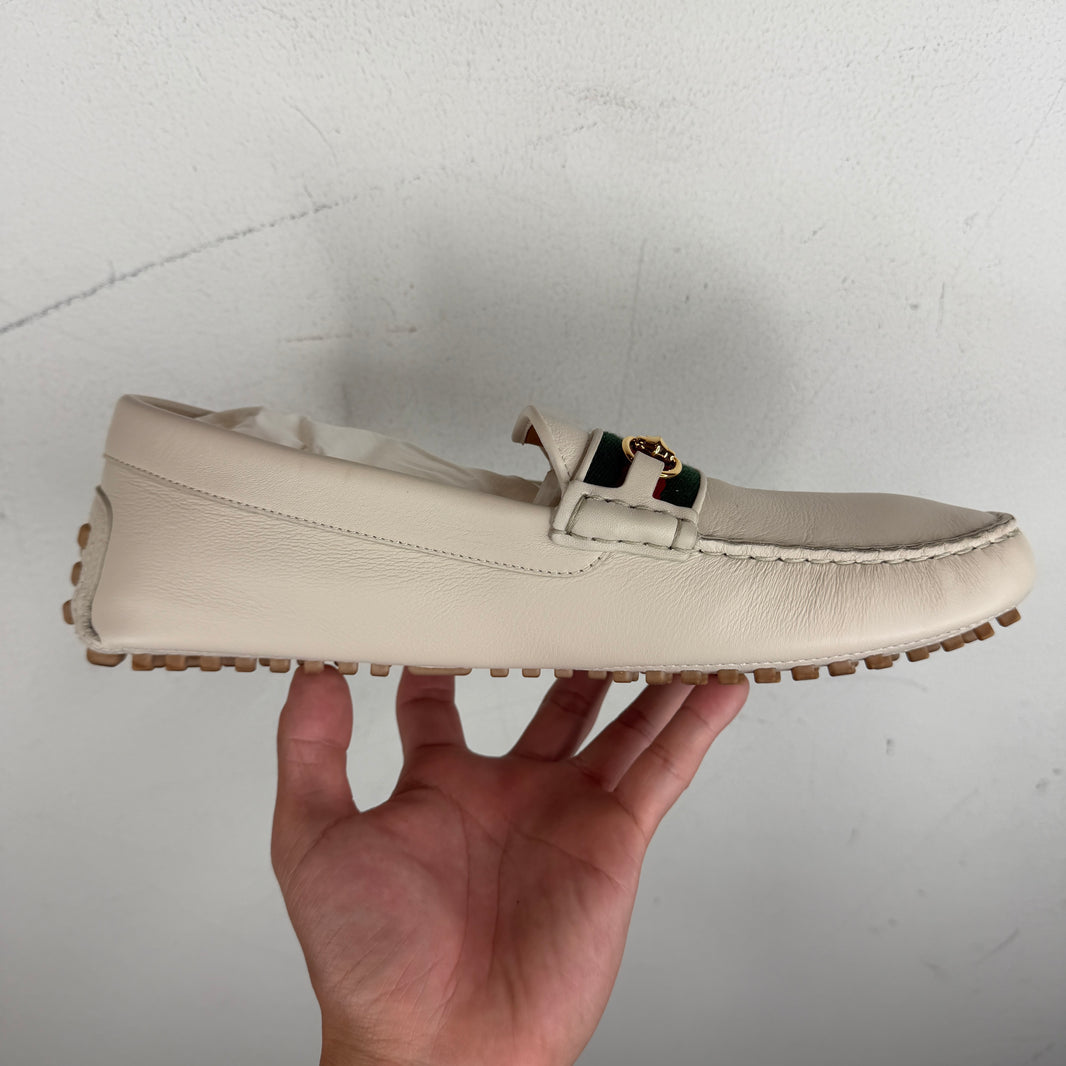 Gucci Cream Web Strap Horsebit Driving Loafer