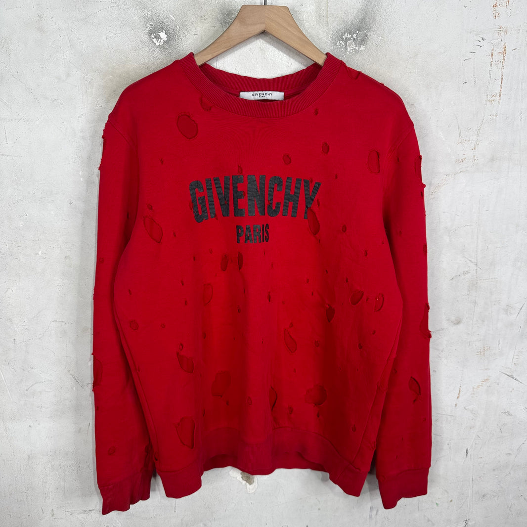 Givenchy Red Distressed Logo Crewneck