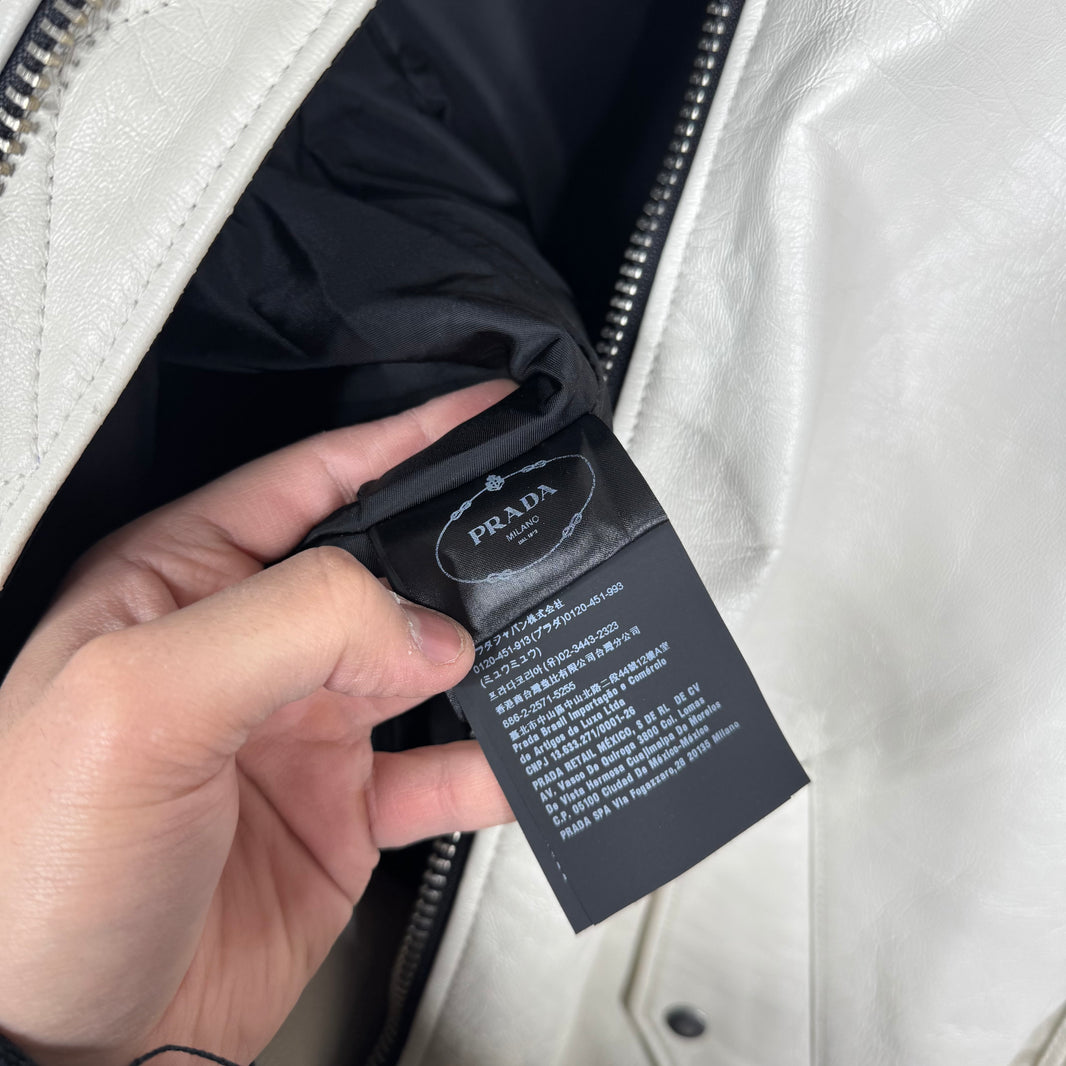 Prada Triple White Leather Raf Bomber Jacket