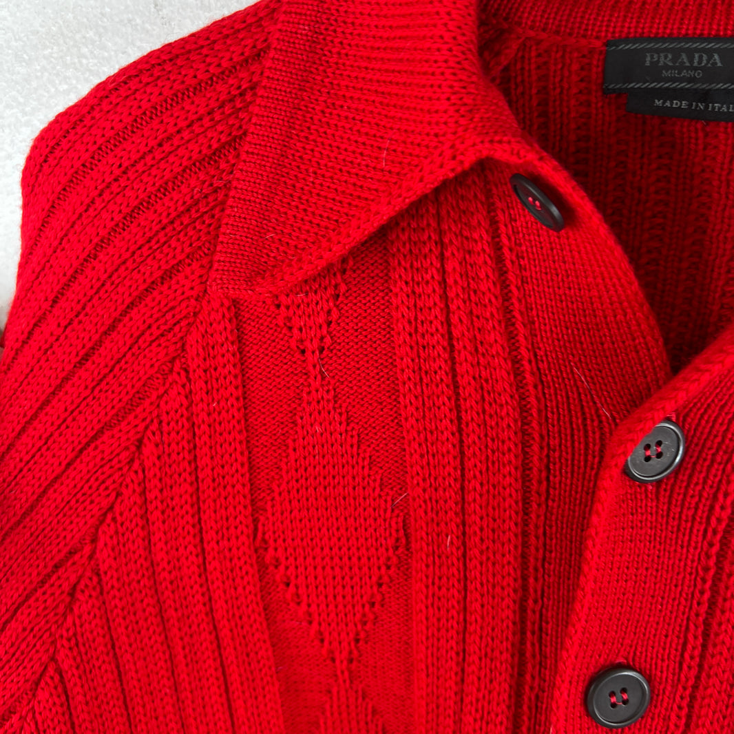 Prada Red Button Up Diamond Knit Cardigan