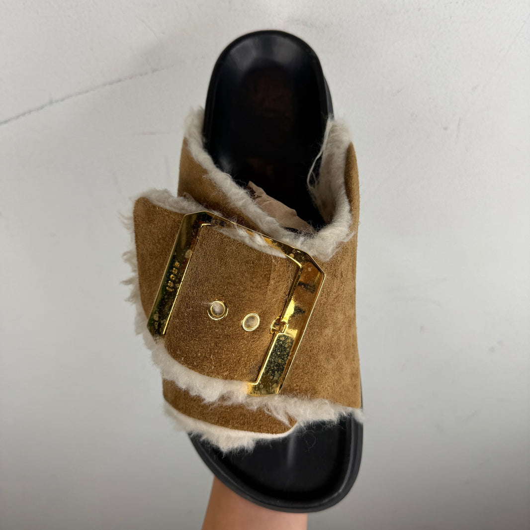 Sacai Big Buckle Suede Shearling Slide