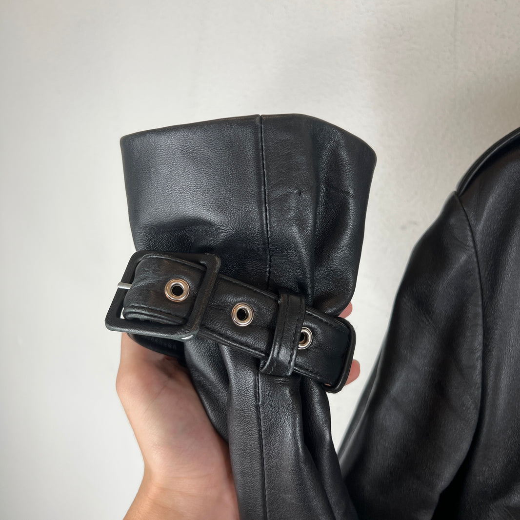 Ernest W. Baker Double Breasted Black Leather Trench Coat