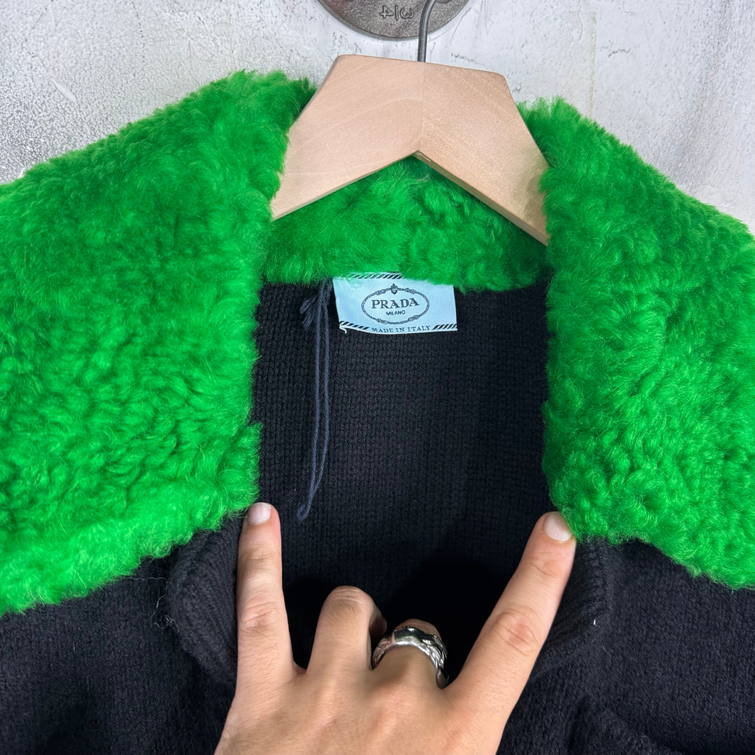 Prada Knitted Shearling Collared Cardigan