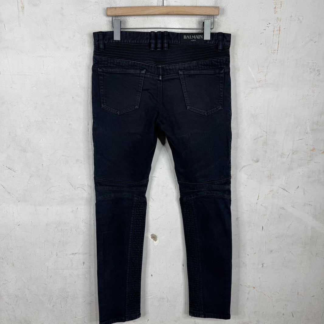 Balmain Washed Black Double Zip Biker Jeans