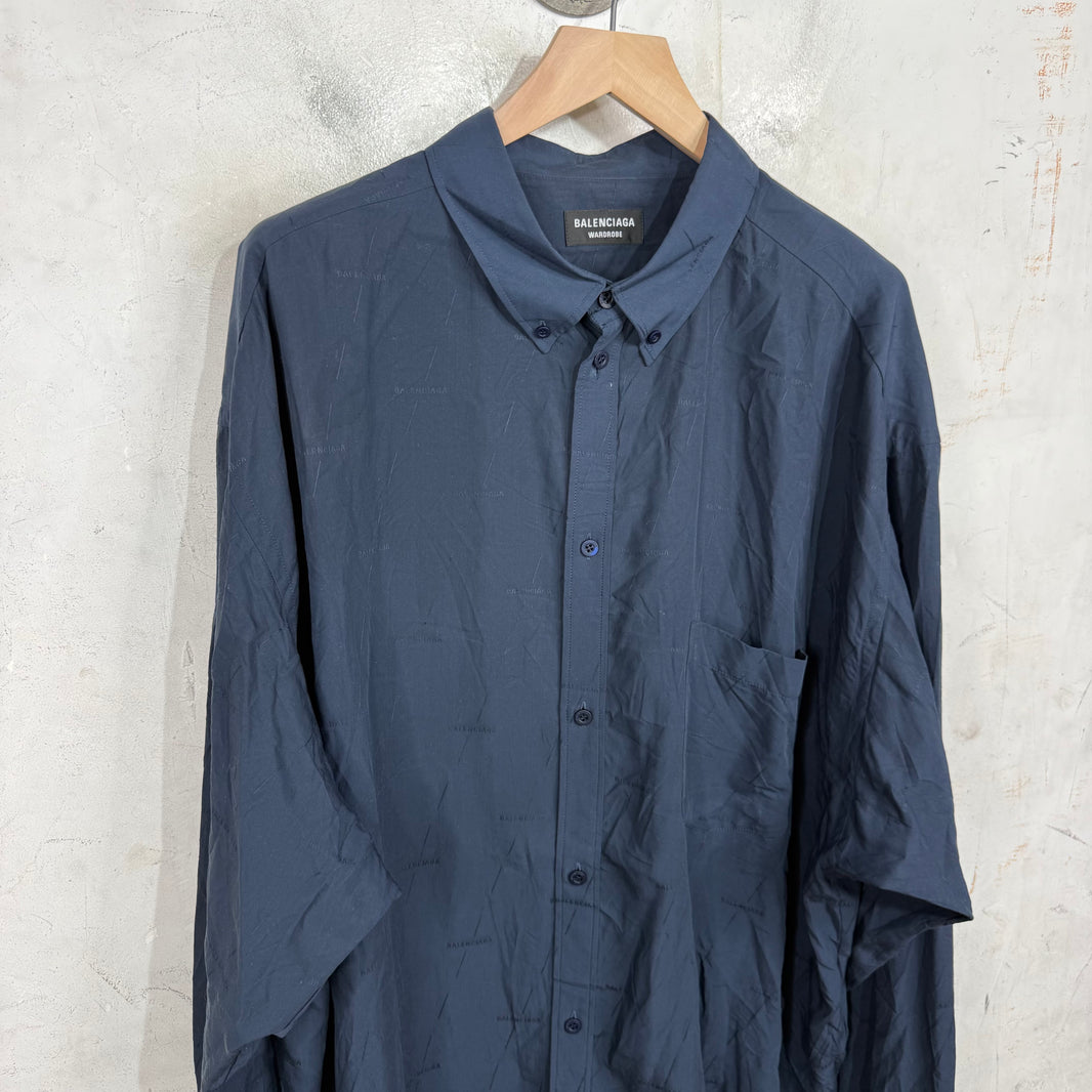 Balenciaga Navy All Over Logo Button-Up Shirt