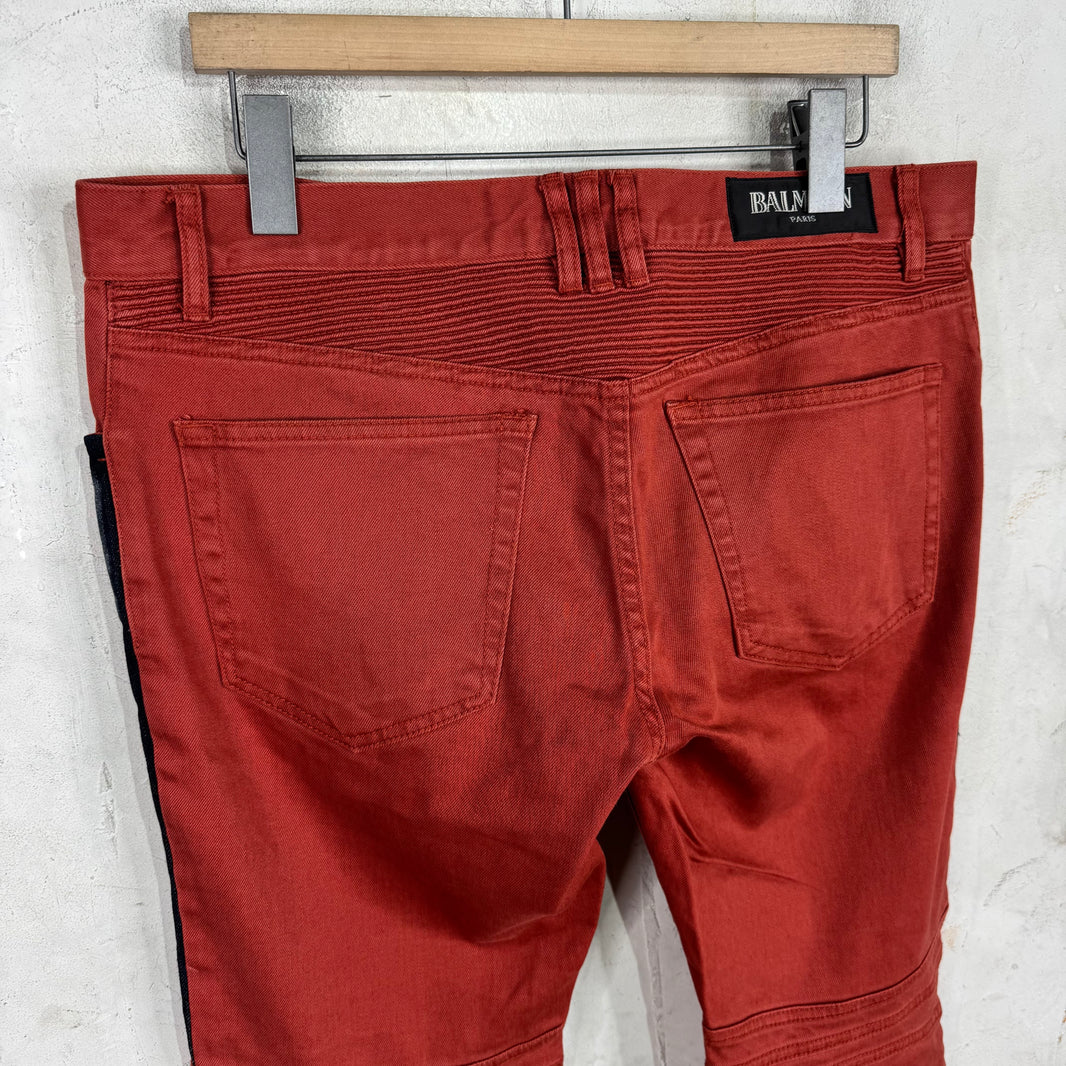 Balmain Orange Denim Trimmed Biker Jeans