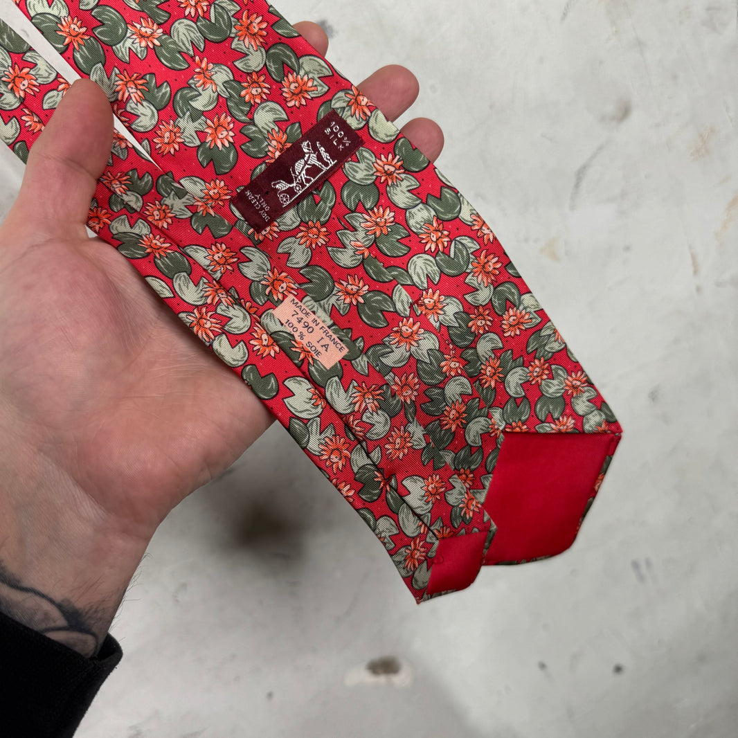 Hermes Red Lily Pad Tie
