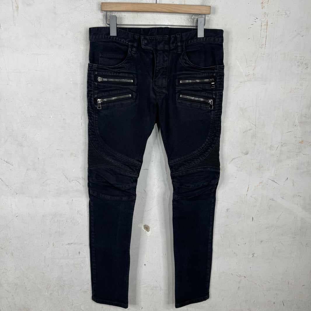 Balmain Washed Black Double Zip Biker Jeans
