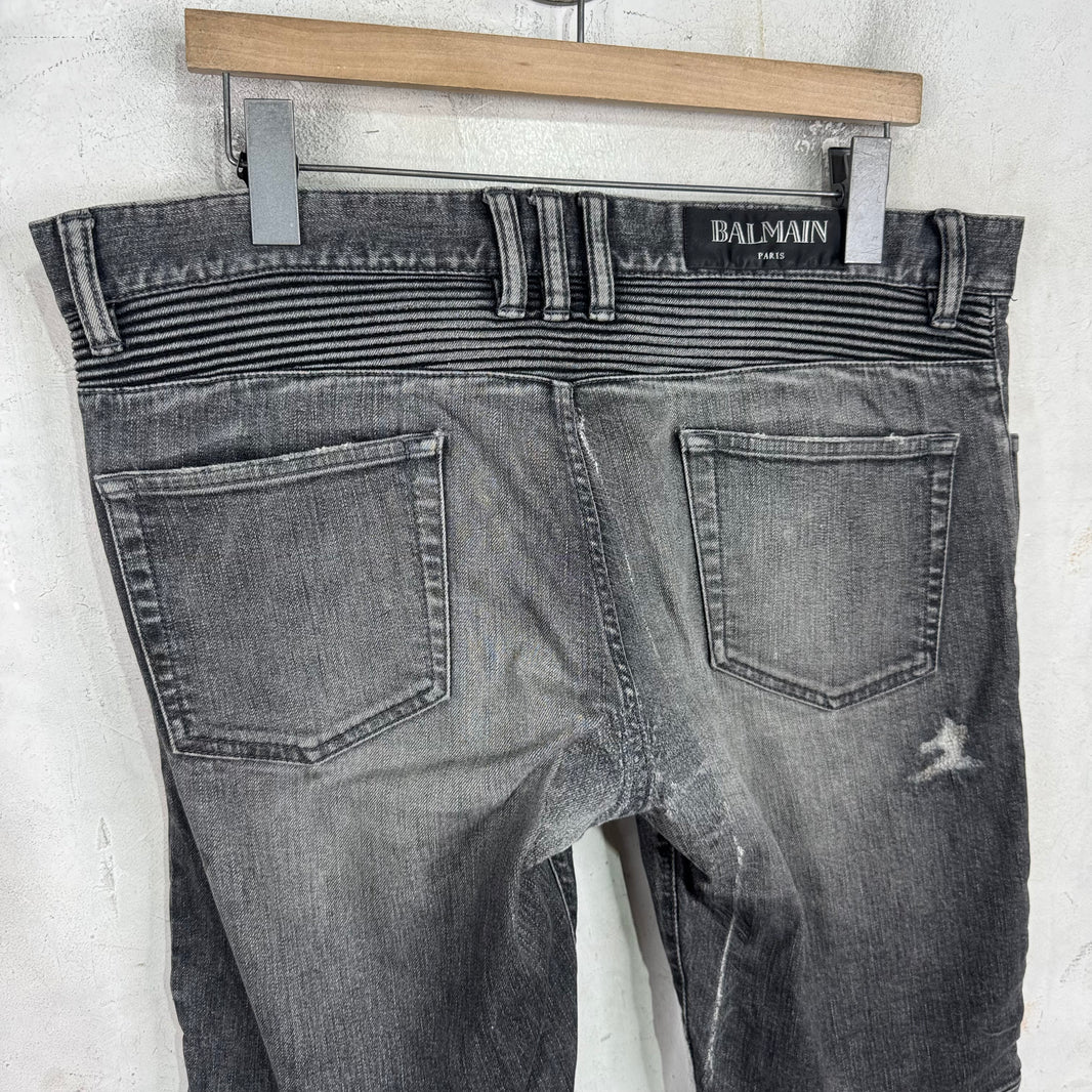 Balmain Charcoal Repaired Biker Jeans